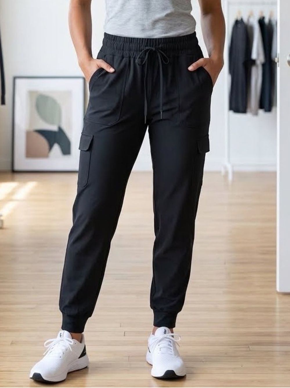 Mondetta Black Cargo Jogger Pants - Elastic Waist with Drawstring- medium